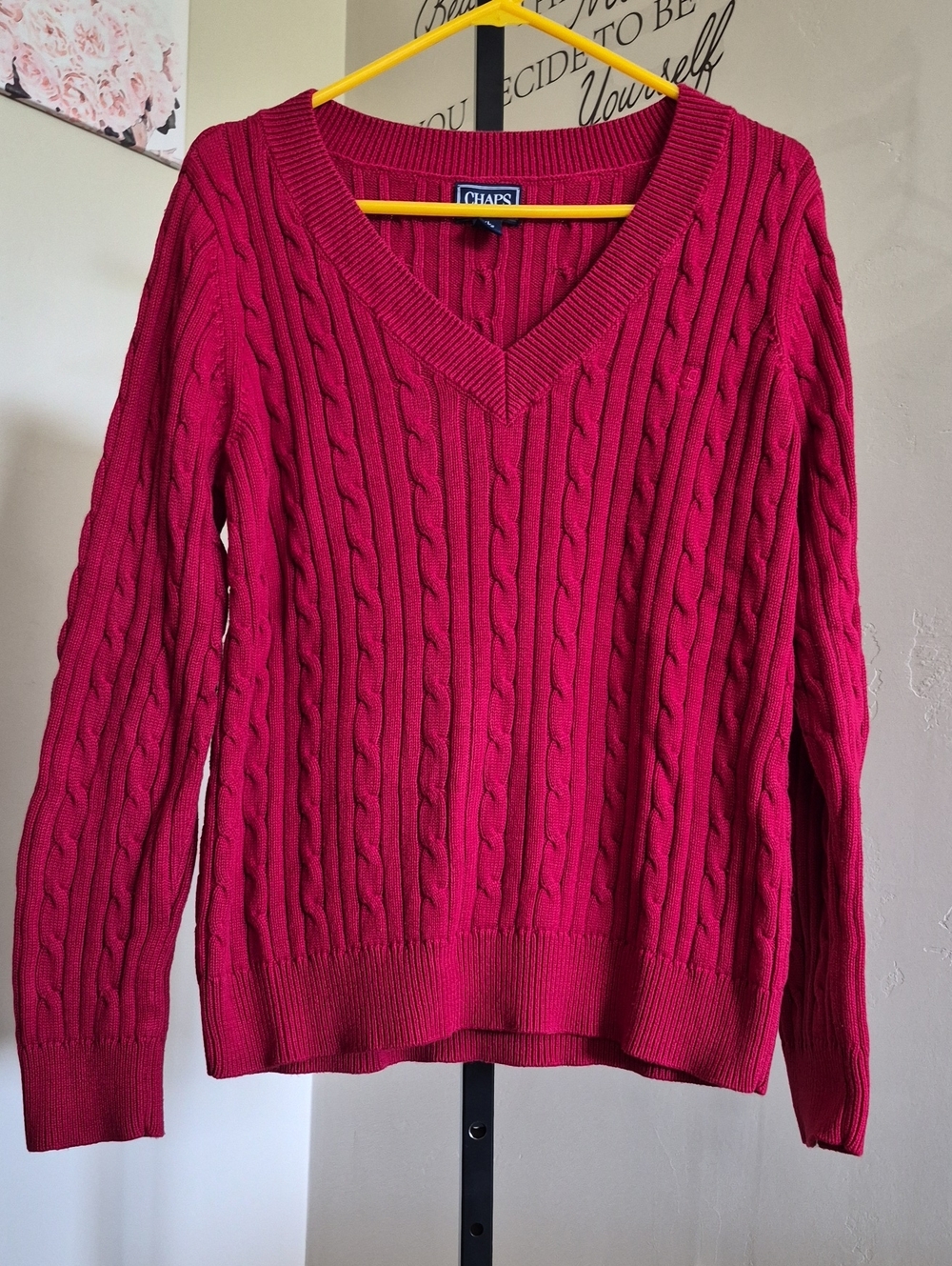 Chaps Women's Cable Knit V-Neck Sweater - Berry Red Size XL